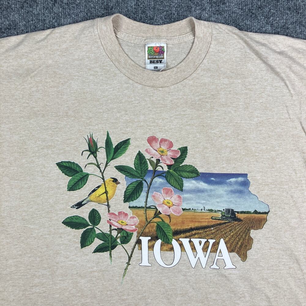 Fruit of the Loom T-Shirt Mens XXL Beige Iowa Graphic Nature State Short Sleeve
